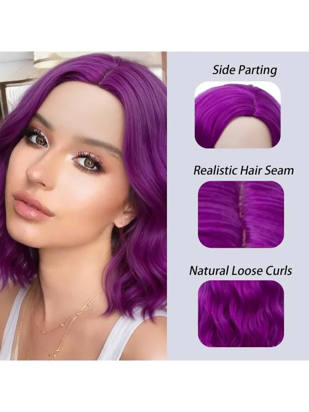 Women's 14 Inch Purple Dark Wavy Bob Wig Short Curly Synthetic Heat Resistant